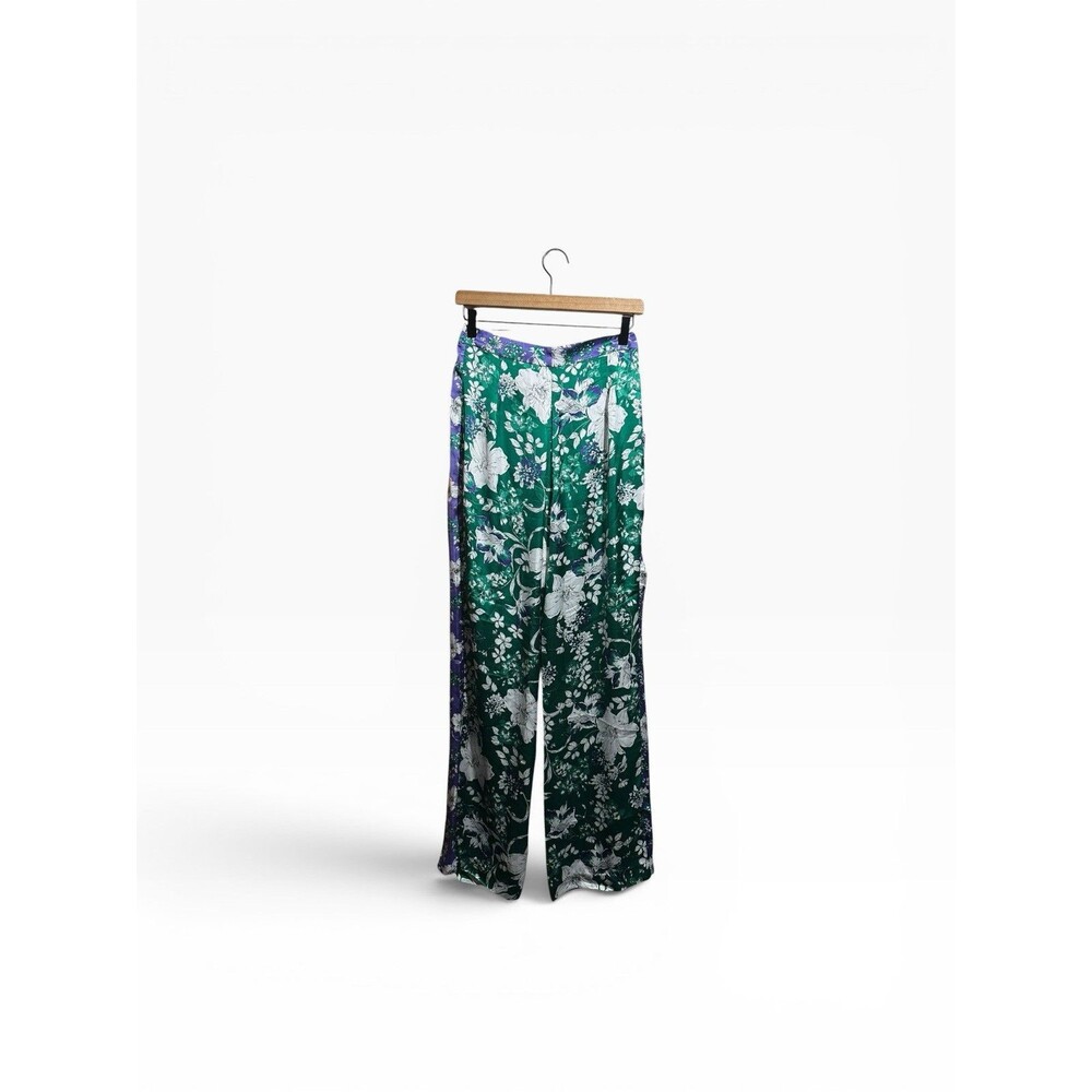 MNG Mango Satin Floral Garden Wide Leg Pants Green Purple Womens Medium Trousers
